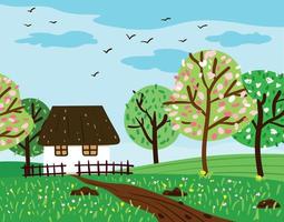 Cute Spring Countryside Landscape with House and Garden vector