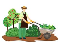 ilustración de un lindo jardinero con carretilla con una cosecha en el fondo de la naturaleza rural vector