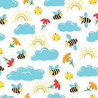 Decorative Childish Seamless Pattern with Bees with Flowers and Clouds vector