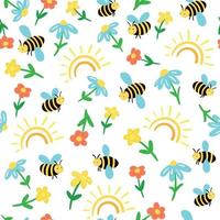 Decorative Vector Seamless Childish Pattern with Cute Bees and Flowers