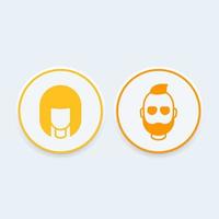 avatares alrededor de iconos de moda, chica y hombre barbudo, iconos de inicio de sesión, ilustración vectorial vector
