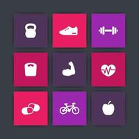 Fitness icons, simple fitness pictograms, icons on squares, vector illustration