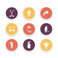 Golf icons, golf clubs, golf player, golfer, golf bag, golf signs, round icons set, vector illustration