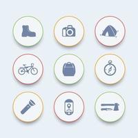 Hiking icons, camping, backpack, flashlight, tent, compass, hatchet round icons, hiking pictograms, vector illustration