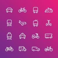conjunto de iconos de línea de transporte, coche, barco, tren, avión, furgoneta, bicicleta, moto, autobús, taxi, trolebús, metro, transporte público, aire vector