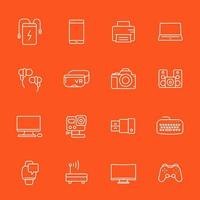 gadgets, modern devices icons set, thin linear style, action camera, portable power bank, smart watch, vr headset and others vector