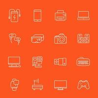 gadgets, modern devices icons set, thin linear style, action camera, portable power bank, smart watch, vr headset and others vector