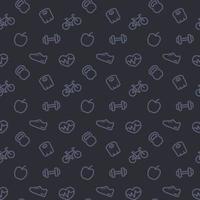 fitness pattern, dark seamless pattern with fitness line icons, vector illustration