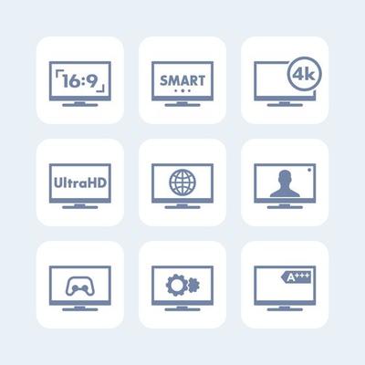 TV icons set, aspect ratio, 4k screen, ultra hd resolution, smart tv signs