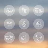 Agriculture, farming line icons, tractor, agrimotor, harvest, cattle, agricultural machinery transparent icons set, vector illustration