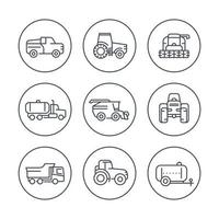 Agricultural machinery line icons in circles, tractor, harvester, agricultural vehicles, harvesting combine, truck, pickup icons, vector illustration