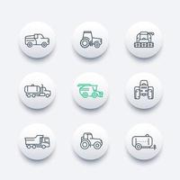 Agricultural machinery line icons, tractor, combine harvester, agricultural vehicles, grain harvesting combine, truck, pickup round modern icons set, vector illustration