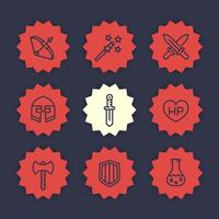 Game line icons set, RPG, fantasy, swords, magic wand, knight, bow, helmet, armor, potion vector