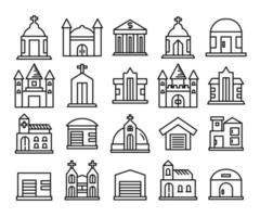 castle, church and garage building line icons set vector