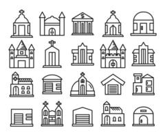 conjunto de iconos de línea de construcción de castillo, iglesia y garaje vector