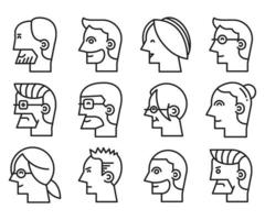 male and female face profile avatars line icons vector