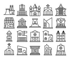 conjunto de iconos de línea de construcción de tiendas, bancos y iglesias vector