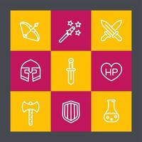 Game line icons set, RPG, fantasy, swords, magic wand, knight, bow, helmet, potion vector