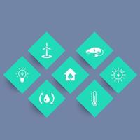 Green ecologic house icons, ecofriendly solutions, energy saving technologies, geometric icons set, vector illustration