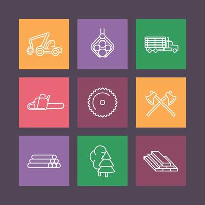 Logging line icons, forestry, timber, tree harvester, truck with timber, lorry, sawmill, logging truck, flat icons on squares, vector illustration