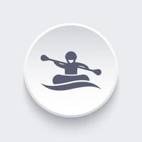 Rafting icon, man in boat, rowing, oarer, rafting tour pictogram, round icon, vector illustration