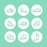 Shoes icons, heels, boots, sports shoes, trainers isolated thick line icons, vector illustration