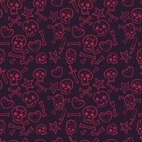 pattern with skulls and hearts, bones and daggers, dark red seamless background, vector illustration