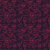 pattern with skulls and hearts, bones and daggers, dark red seamless background, vector illustration