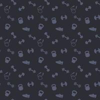 seamless pattern with gym icons, dumbbells, kettlebells, jumping rope, training shoe, dark pattern, vector illustration