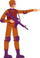 Fully equipped soldier pointing with finger semi flat color vector character