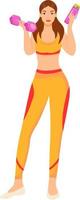 Sporty young girl holding dumbbells semi flat color vector character