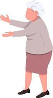 Elderly lady stretching arms forward semi flat color vector character