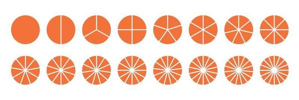 Segmented circles set. Infographic chart pie from 1 to 18. Fraction mathematics icon. Vector illustration on white background