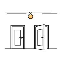 puertas cerradas y abiertas en un concepto de arte de línea de habitación. encontrar una opción, salida y seleccionar la manera de lograr. puerta alternativa en la vista frontal. dos opciones de ruta. ilustración vectorial sobre fondo blanco vector