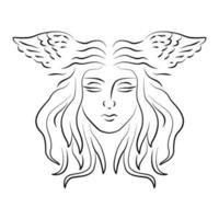 Art deco woman portrait line concept. Head with wings illustration for fashion design, printing, posters, invitations, cards, leaflets. Vector in white background. Isolated