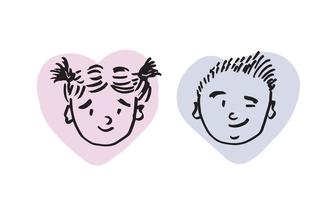 Children faces sketch. Girl and boy doodle style. Cartoon characters on white background. Vector illustration