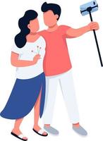 Boy with girl holding selfie stick for making photo semi flat color vector characters