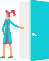 Young medical doctor points to open doors semi flat color vector character