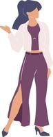 Young woman wearing white jacket and stylish pants semi flat color vector character