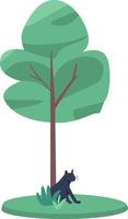 Young tree with black cat underneath semi flat color vector object