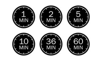 Minute timer icons set. Symbol for one minute, two, five, ten, 36 minutes and 1 hour. The indicates the limited cooking time or deadline for an event or task. Countdown vector illustration