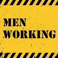 Men working hazard info banner. Vector illustration on yellow background