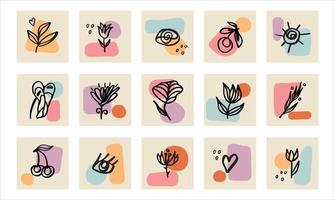 Set of botanical hand drawn elements . Various leaves, flowers symbols in abstract style. Vector illustration isolated