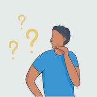 Man asks many questions. Hard choice, i do not know what to do. Profile face. Guy has comparison, ratio, choice, contrast, hopeless. Vector illustration on white background.