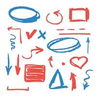 Hand drawn Red and Blue arrows. Pencil styling design elements. Doodle Marker shapes. Vector illustration on white background