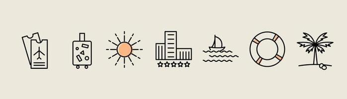 Tourism and travel icons. Vacation symbol. Line art concept. Vector illustration set