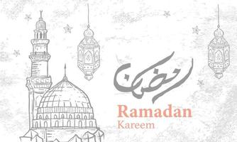 Detailed Sketch Illustration for Ramadan Kareem with Grunge Background and Arabic text. Vector Illustration