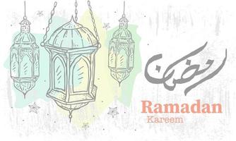 Detailed Sketch Illustration for Ramadan Kareem with Grunge Background and Arabic text. Vector Illustration