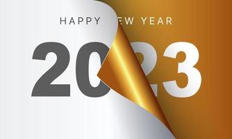 Happy New Year 2023 greeting card design template. End of 2022 and beginning of 2023. The concept of the beginning of the New Year. The calendar page turns over and the new year begins.