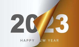 Happy New Year 2023 greeting card design template. End of 2022 and beginning of 2023. The concept of the beginning of the New Year. The calendar page turns over and the new year begins.
